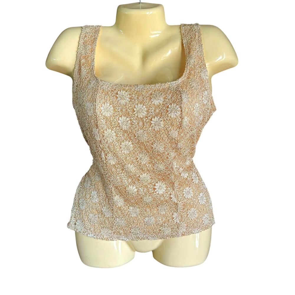 NICOLA Lace Peplum Tank Top Floral Ivory Beige Square Neck Women's L NWT